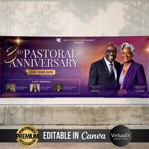 May include: A banner for the 3rd Pastoral Anniversary, featuring a purple and gold design. It includes the text "3rd Pastoral Anniversary" and "23rd June 2025." The banner also displays images of the Pastor and First Lady, along with guest speakers.