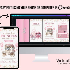 May include: A digital invitation design for a baby shower, displayed on a smartphone and computer screen. The design features a pink and floral theme with text that reads "a sweet little PRINCESS is on the way!" and "She's almost here!"