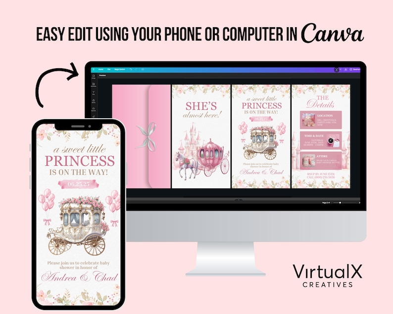 May include: A digital invitation design for a baby shower, displayed on a smartphone and computer screen. The design features a pink and floral theme with text that reads "a sweet little PRINCESS is on the way!" and "She's almost here!"