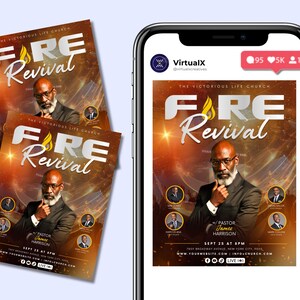 Peut inclure: Flyer promotionnel et affichage t&eacute;l&eacute;phonique pour un &eacute;v&eacute;nement d'&eacute;glise. Le flyer a un fond flamboyant avec le texte "FIRE Revival" et un portrait d'un homme. Le t&eacute;l&eacute;phone affiche le m&ecirc;me design. L'&eacute;v&eacute;nement a lieu le 25 septembre.