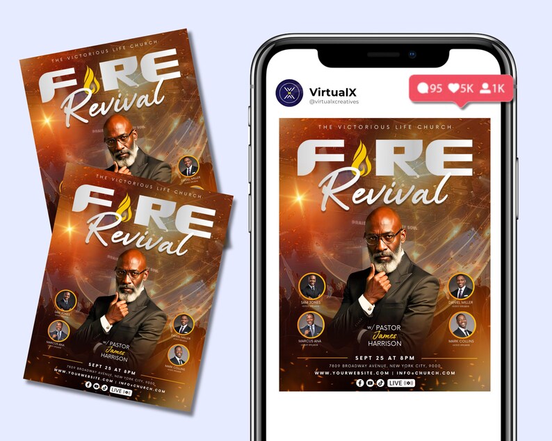 Peut inclure: Flyer promotionnel et affichage t&eacute;l&eacute;phonique pour un &eacute;v&eacute;nement d'&eacute;glise. Le flyer a un fond flamboyant avec le texte "FIRE Revival" et un portrait d'un homme. Le t&eacute;l&eacute;phone affiche le m&ecirc;me design. L'&eacute;v&eacute;nement a lieu le 25 septembre.
