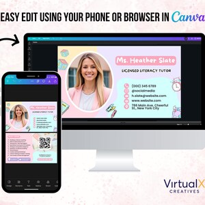 May include: A digital design displayed on a smartphone and computer screen. The design features a woman's photo, contact information, and the text "Ms. Heather Slate, Licensed Literacy Tutor." The design is in pink, purple, and teal colors. The text "EASY EDIT USING YOUR PHONE OR BROWSER IN Canva" is at the top.