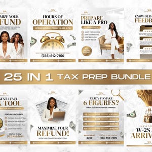 Könnte beinhalten: Eine Werbegrafik in Gold und Weiß mit mehreren Panels, die Text wie "Maximieren Sie Ihre Rückerstattung" und "Bereiten Sie sich wie ein Profi vor" enthalten. Der Satz "25 in 1 Tax Prep Bundle" ist prominent dargestellt. Das Bild wirbt für Steuerberatungsleistungen.