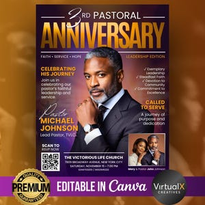 May include: A purple and gold flyer for the 3rd Pastoral Anniversary, featuring a portrait of Pastor Michael Johnson. The flyer includes text such as "Celebrating His Journey" and "Called to Serve," along with event details and a QR code.