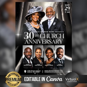 May include: A black and white flyer for a church anniversary. The flyer features images of church leaders and the text "30th Church Anniversary." The date and time are displayed at the top. The flyer also includes the text "Editable in Canva."