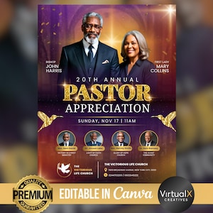 Puede incluir: Un cartel promocional para el 20º evento anual de Pastor Appreciation. El diseño presenta al obispo John Harris y a la primera dama Mary Collins. El texto incluye detalles del evento y la frase "Editable in Canva."