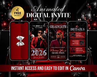Graduation Party Invitation, Congrats to the Grad Men Evite, Class of 2026 Announcement, Animated Red Black Luxury Invite for Him, Canva