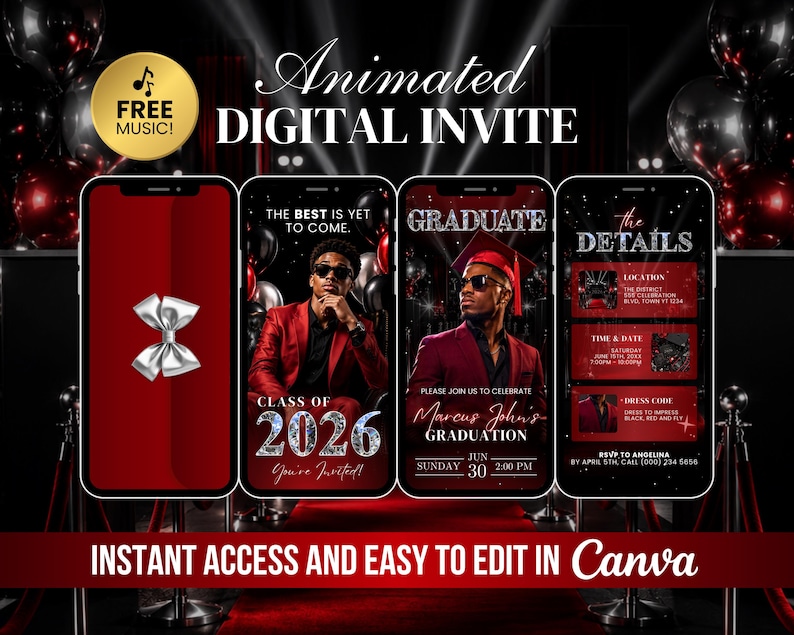 May include: Digital graduation invitation design featuring a red and black theme. The design includes smartphone mockups with event details, a bow, and the text "Animated DIGITAL INVITE." The invitation is easy to edit.