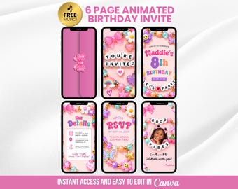 Friendship Bracelet Birthday Invitation, Let's Party Besties Animated Video, Editable Bead Tween Girl Invite Canva Template