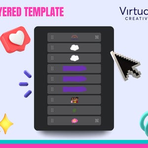 May include: A computer screen displaying a layered template with a rainbow, clouds, purple rectangles, a group of people, a leaf, and a pink heart. The screen is on a light blue background with a pink heart, blue stars, and a blue spring.