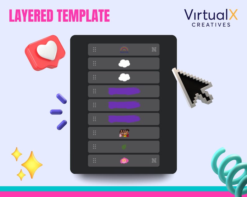 May include: A computer screen displaying a layered template with a rainbow, clouds, purple rectangles, a group of people, a leaf, and a pink heart. The screen is on a light blue background with a pink heart, blue stars, and a blue spring.