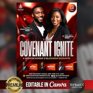 Peut inclure: Affiche promotionnelle rouge et noire avec Pastor Jonathan Reed et First Lady Michelle Reed. Le texte principal est "COVENANT IGNITE", un événement de culte et de relation pour la Saint-Valentin.