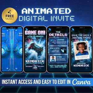 Puede incluir: Diseño de invitación digital animada con un tema azul y negro. El diseño incluye cuatro pantallas de teléfono inteligente que muestran los detalles del evento, un controlador de juego y una foto de un niño. La invitación incluye el texto "Game On!" y "Save the Date".