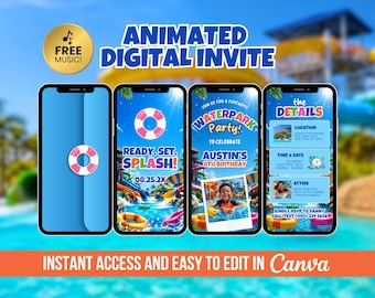 Waterpark Birthday Invite, Digital Water Park Animated Invitation, Editable Water Slide Bday Party, Kids Splash Pool Video, DIY Canva E-vite