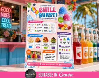 Snow Cone Menu Flyer, Editable Shaved Ice Template, Summer Pricelist, Snowball Sign, Icecream Business, DIY Italian Ice Cream Canva