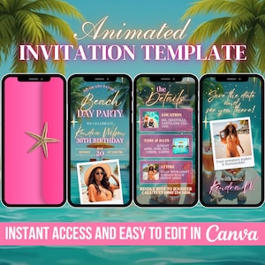May include: Four animated phone screen mockups with a beach theme. The mockups are for a birthday party invitation. The text on the mockups reads "Beach Day Party", "The Details", "Save the date and see you there!" and "Kendra Wilson 30th Birthday".