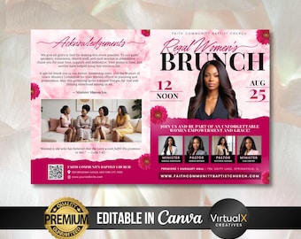 May include: A pink and white flyer for the Faith Community Baptist Church's Regal Women's Brunch. The flyer includes event details, a photo of a woman, and the text "Join us and be part of an unforgettable women empowerment and grace!"