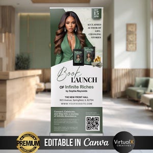 Boklanseringsbanderoll, författarfestbanderoll, e-boklanseringsmall, finanscoach, infällbar popup-banner för att träffa författaren