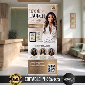 May include: A vertical banner ad for a book launch party. The design features a photo of a woman in a white blazer, the event title, speaker photos, and the text "Connect, Reflect, and Grow Through the Power of Inner Renewal."