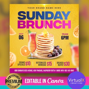 Sunday Brunch Flyer, Brunch and Mimosas Invitation, Premade Networking Brunch Party, Church Event, Brunch Menu, DIY Canva Template Design