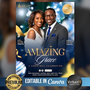Könnte beinhalten: Werbeplakat für eine Weihnachtsfeier. Es zeigt ein lächelndes Paar und den Schriftzug "Amazing Grace" in Gold. Die Veranstaltung findet am 7. Dezember von 19:00 bis 22:00 Uhr statt. Das Plakat ist in Canva editierbar.