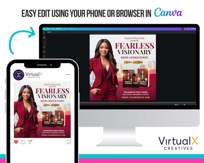 May include: A digital flyer for a book launch event. The flyer features a woman in a red suit with the text "Sophia Reynolds presents Fearless Visionary Book Launch Event, April 20 | 3PM" and the event location and website.