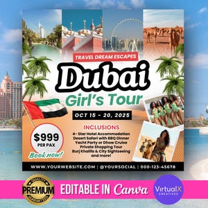 Folleto de agencia de viajes en Dubái, folleto de vacaciones en Dubái, folleto para reservar vacaciones, folleto de viaje de chicas, itinerario de agencia de viajes, plantilla de folleto de vacaciones