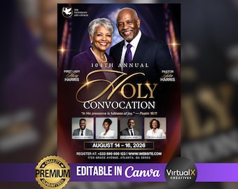 Plantilla de volante para la Iglesia de la Santa Convocatoria / Póster del programa de aniversario del pastor / Diseño editable en Canva para eventos de conferencias ministeriales