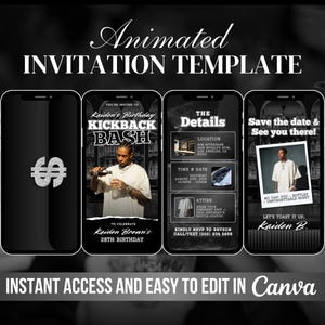 Op de afbeelding: Zwart-wit geanimeerde uitnodigingssjabloon met de tekst "Animated INVITATION TEMPLATE". De uitnodiging bevat details voor een verjaardagsfeest, met de tekst "Instant access and easy to edit in Canva".