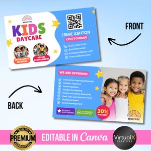 May include: A two-sided business card for Bright Kids Daycare. The front features the daycare's name in purple and green, with contact information and a QR code. The back shows a photo of children and a list of services.