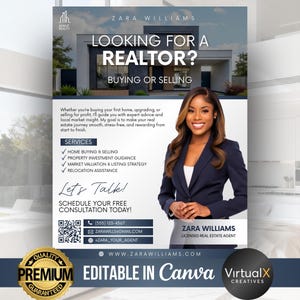 May include: Real estate flyer featuring a professional woman in a navy blazer. Text includes "Looking for a Realtor?" and services offered: home buying, property investment, market valuation, and relocation assistance. Includes contact information.