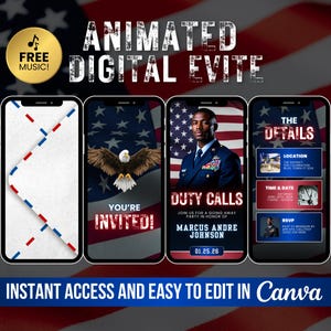 May include: Animated digital evite design with a patriotic theme. The design features four smartphones displaying event details, including an eagle, a military officer, and event information. Text includes "You're Invited!" and "Duty Calls."