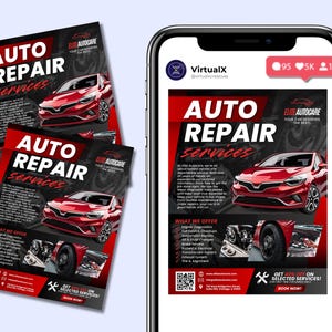 May include: A promotional flyer and a phone screen displaying an advertisement for auto repair services. The flyer features a red car graphic and the text "AUTO REPAIR SERVICES". The phone screen shows the same ad with a social media interface.