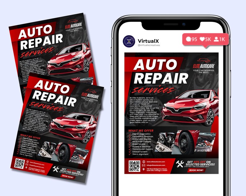 May include: A promotional flyer and a phone screen displaying an advertisement for auto repair services. The flyer features a red car graphic and the text "AUTO REPAIR SERVICES". The phone screen shows the same ad with a social media interface.