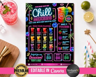 Mocktail Menu Flyer, Neon Drink Menu Canva Template, Snow Cone Pricelist, Juice Bar Menu, Editable Summer Drink Sign, Chill Bar Poster