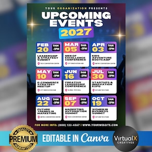 Pode incluir: Um cartaz promocional para os próximos eventos em 2027, com um fundo gradiente azul escuro e roxo. O cartaz lista eventos como a Cimeira de Liderança e Estratégia, o Encontro de Estratégia de Comércio Eletrónico e a Expo de Startups e Inovação. O texto "EDITABLE IN Canva" é visível.