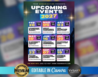 Flyer geplande evenementen, flyer evenementenagenda, sjabloon voor nieuwsbrief, afdrukbaar evenement, infographic flyer, conferentieschema, doe-het-zelfcanva