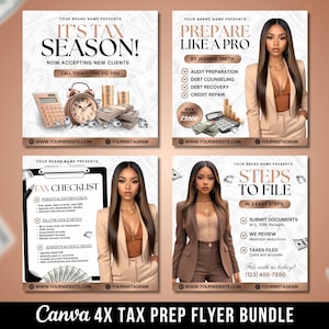 Może przedstawiać: Zestaw czterech ulotek do przygotowania podatkowego. Każda ulotka przedstawia kobietę w stroju biznesowym. Ulotki zawierają tekst, taki jak "It's Tax Season!", "Prepare Like a Pro", "Tax Checklist" i "Steps to File". Zestaw jest oznaczony jako "Canva 4X TAX PREP FLYER BUNDLE".