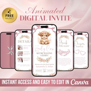 May include: A digital baby shower invitation displayed on smartphones. The invitation features a watercolor illustration of a Highland cow, floral accents, and the text "Holy Cow We're Having a Baby!" Additional text includes "Instant Access and Easy to Edit in Canva."