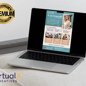 May include: A laptop computer displaying a website for a therapist, Dr. Lily Harrison, PhD. The website features a photo of Dr. Harrison and information about her services, including "Our Treatments Offered" and "Helping You Tackle Beyond Challenges".