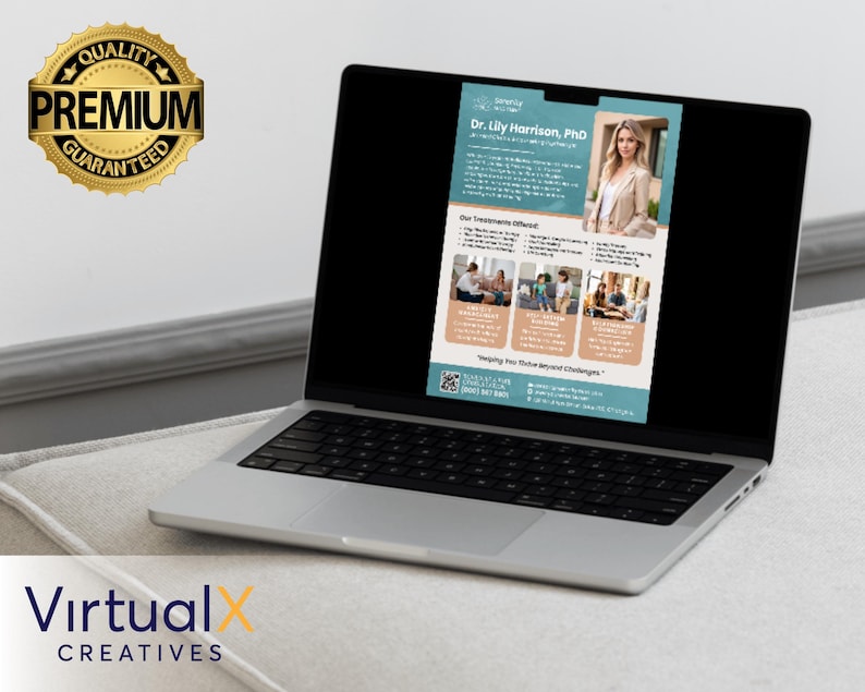 May include: A laptop computer displaying a website for a therapist, Dr. Lily Harrison, PhD. The website features a photo of Dr. Harrison and information about her services, including "Our Treatments Offered" and "Helping You Tackle Beyond Challenges".