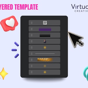 May include: A digital design template with the text "LAYERED TEMPLATE" in pink. The template is black with several gray bars and the word "ANNIVERSARY" in gold. A red heart, cursor, and other design elements are included.