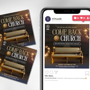 Pode incluir: Um an&uacute;ncio de um servi&ccedil;o religioso, exibido em um smartphone e folhetos impressos. O design apresenta o texto "COME BACK TO CHURCH" com uma ilustra&ccedil;&atilde;o de um banco de igreja. Os folhetos e a tela do telefone mostram o mesmo design.