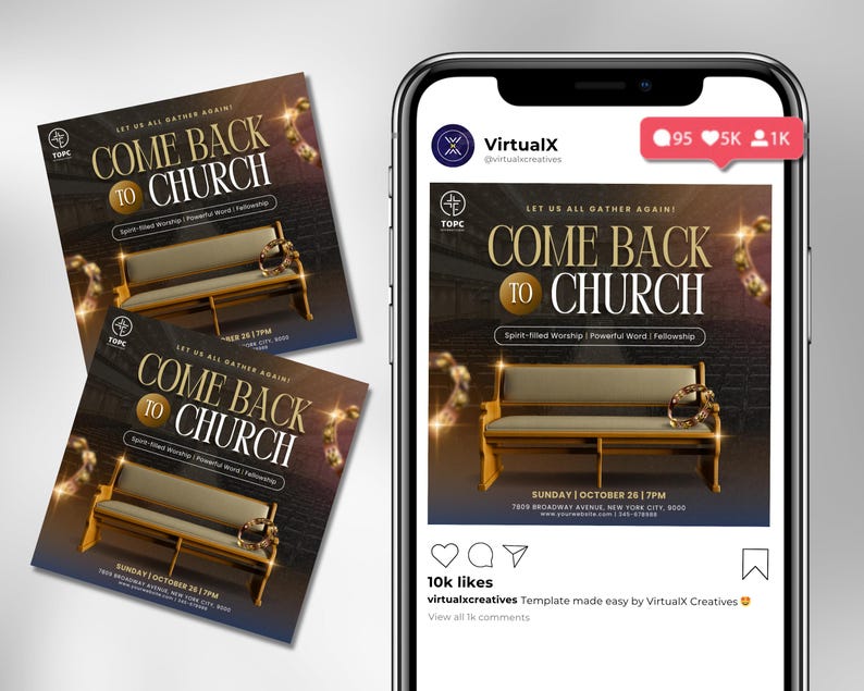 Pode incluir: Um an&uacute;ncio de um servi&ccedil;o religioso, exibido em um smartphone e folhetos impressos. O design apresenta o texto "COME BACK TO CHURCH" com uma ilustra&ccedil;&atilde;o de um banco de igreja. Os folhetos e a tela do telefone mostram o mesmo design.