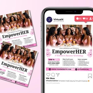 May include: A pink and white flyer with the text "EmpowerHER A Women's Success Workshop" and a group of women in pink dresses sitting at a table. The flyer includes the date, time, and contact information for the event. The flyer is also posted on a social media platform with the text "10k likes virtualxcreatives Template made easy by VirtualX Creatives".