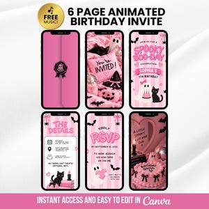 May include: A six-page animated birthday invitation template for mobile phones featuring a pink and black spooky theme. The design includes graphics of ghosts, black cats, bats, and cakes with text such as Spooky Boo-Day, You're Invited, and RSVP.