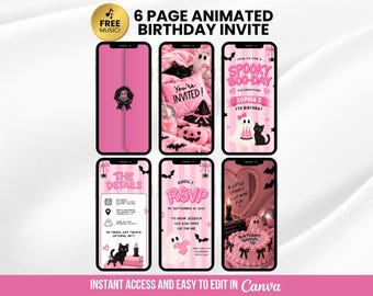 Invito di compleanno a tema Halloween con fantasma rosa, video animato per feste a tema "Hey Boo Girl", modello Canva modificabile per invito spettrale a tema gatto fantasma