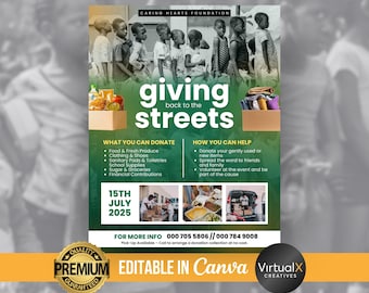 Mall för donationskampanj, redigerbar flygblad för välgörenhetsevenemang, marknadsföring av insamlingar, ideellt evenemang, utskrivbar Canva-mall för gör-det-själv-insamling