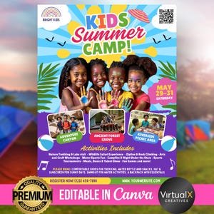 May include: A colorful flyer advertising a kids summer camp with the text "KIDS Summer CAMP!" and "MAY 29-31 SATURDAY". The flyer features a photo of three children with painted faces and a list of activities including nature trekking, wildlife safari, zipline, rock climbing, arts and crafts, water sports, campfire, night under the stars, sports tournaments, music, dance, talent show, fun games, and more. The flyer also includes the text "REGISTER NOW! (123) 456-7890" and "WWW.YOURWEBSITE.COM".