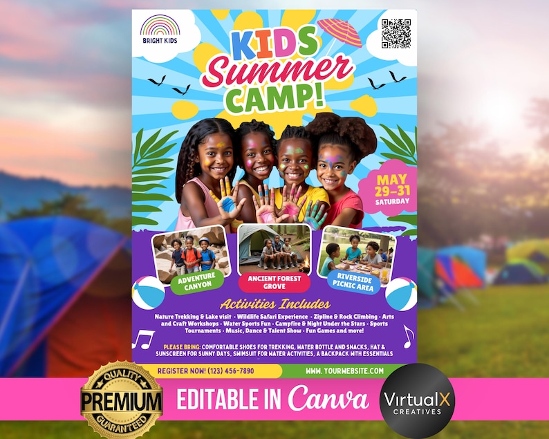 May include: A colorful flyer advertising a kids summer camp with the text "KIDS Summer CAMP!" and "MAY 29-31 SATURDAY". The flyer features a photo of three children with painted faces and a list of activities including nature trekking, wildlife safari, zipline, rock climbing, arts and crafts, water sports, campfire, night under the stars, sports tournaments, music, dance, talent show, fun games, and more. The flyer also includes the text "REGISTER NOW! (123) 456-7890" and "WWW.YOURWEBSITE.COM".